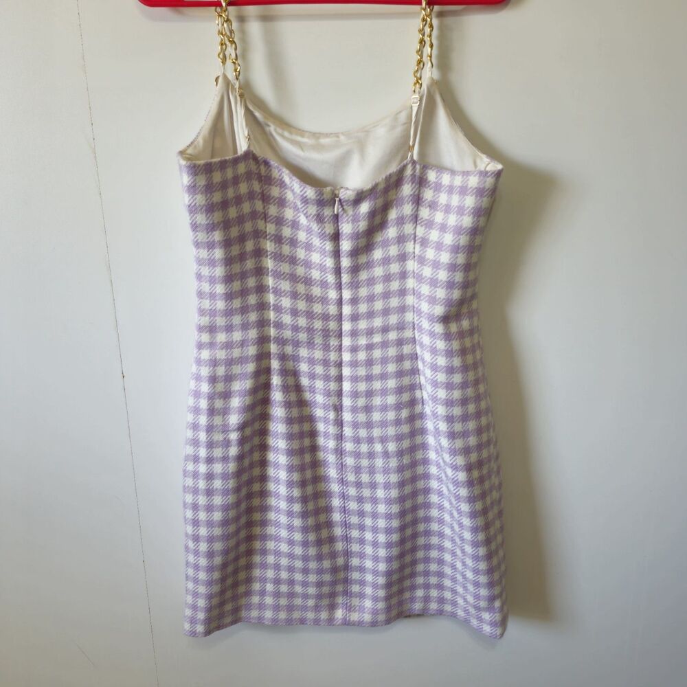 GUESS Caroline Tweed Mini Dress Purple Gingham Chain Strap Size 6 Chic - Picture 6 of 16